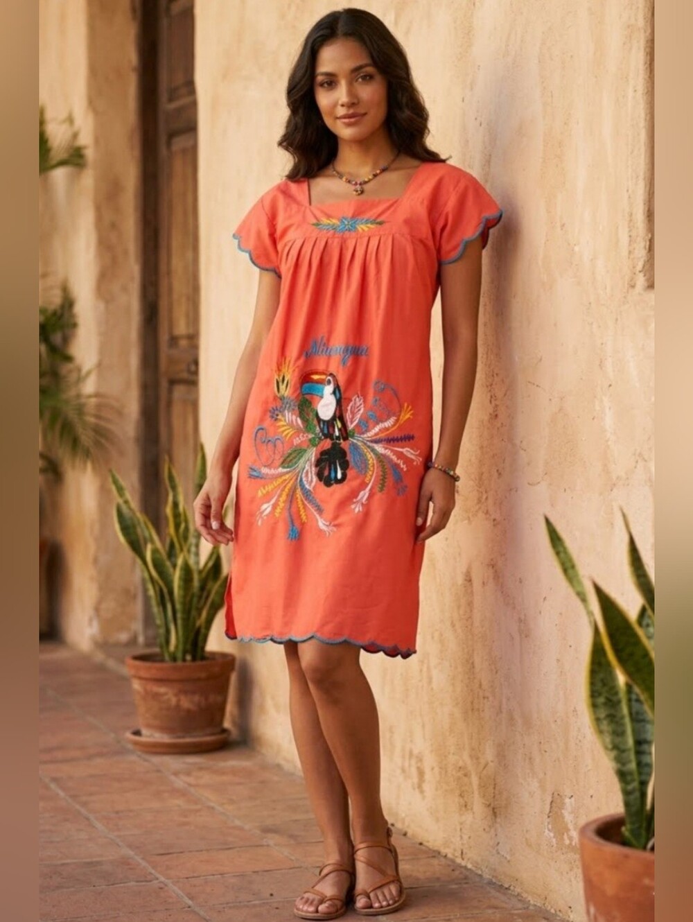Women's Traditional Nicaraguan Hand-Embroidered Dress Coral Toucan. Size   S/M.